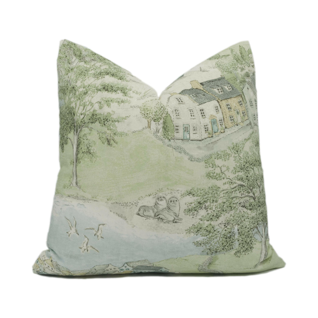 Sanderson - Sea Houses - Tidewater Blue - Tranquil Country Seaside Designer Cushion Cover - Luxury Throw Pillow - Handmade Home Decor.