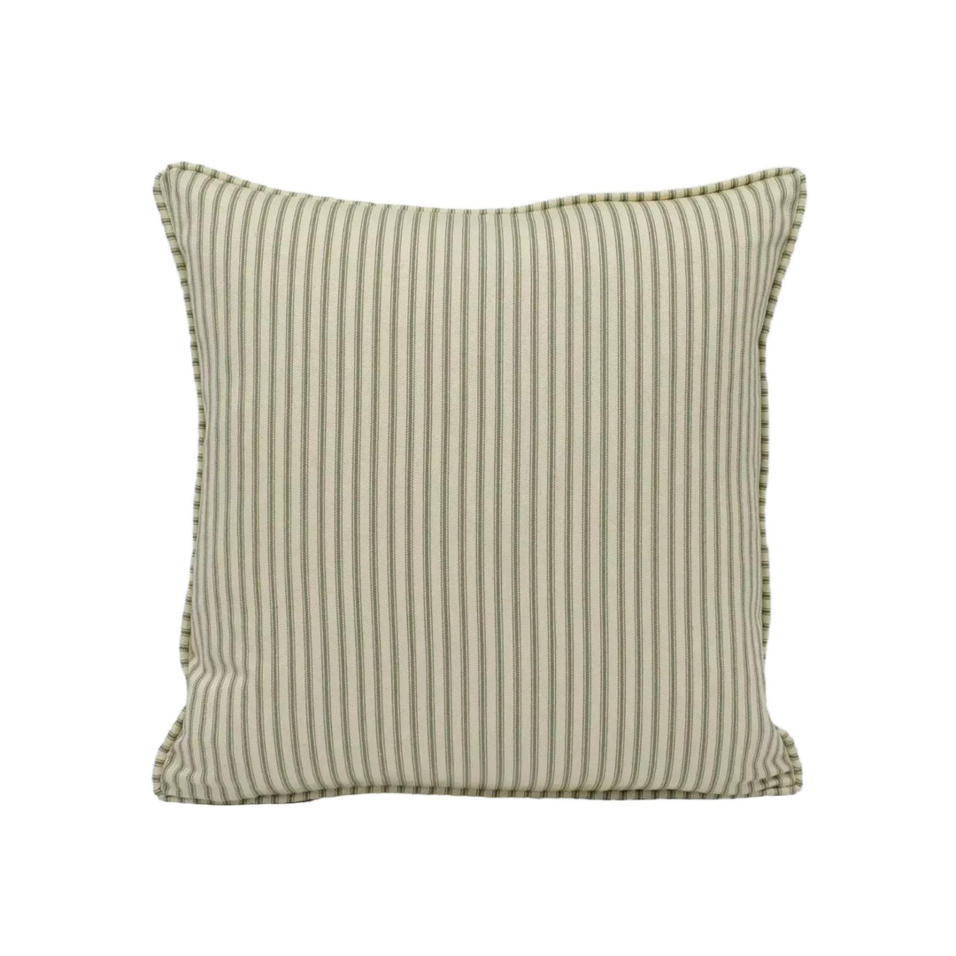A square throw pillow with a striped pattern in shades of green and beige.