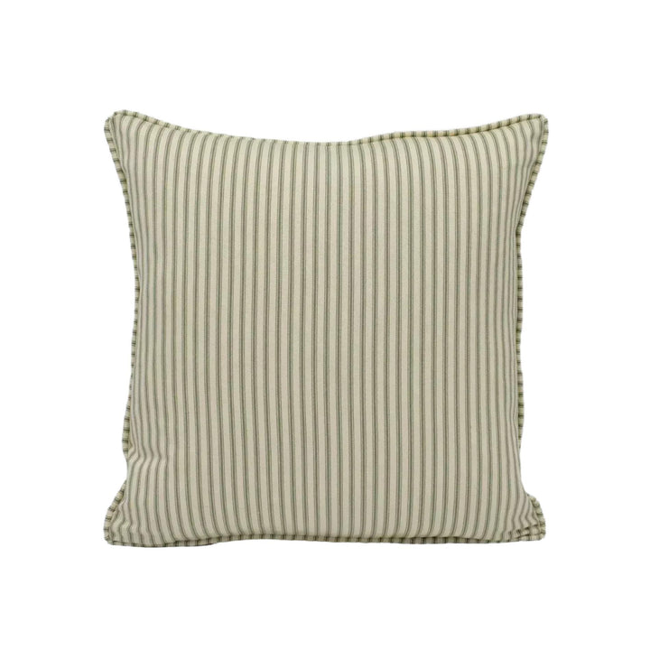 A square throw pillow with a striped pattern in shades of green and beige.