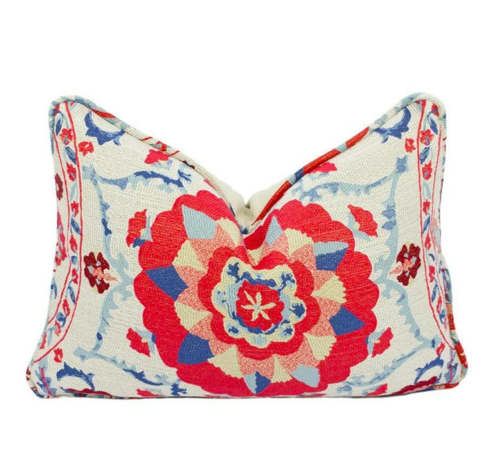 Sanderson - Anthos - Indigo / Red - Woven Jacquard Uzbekistani Suzani Inspired Designer Cushion Cover - Luxury Throw Pillow - Handmade Home.