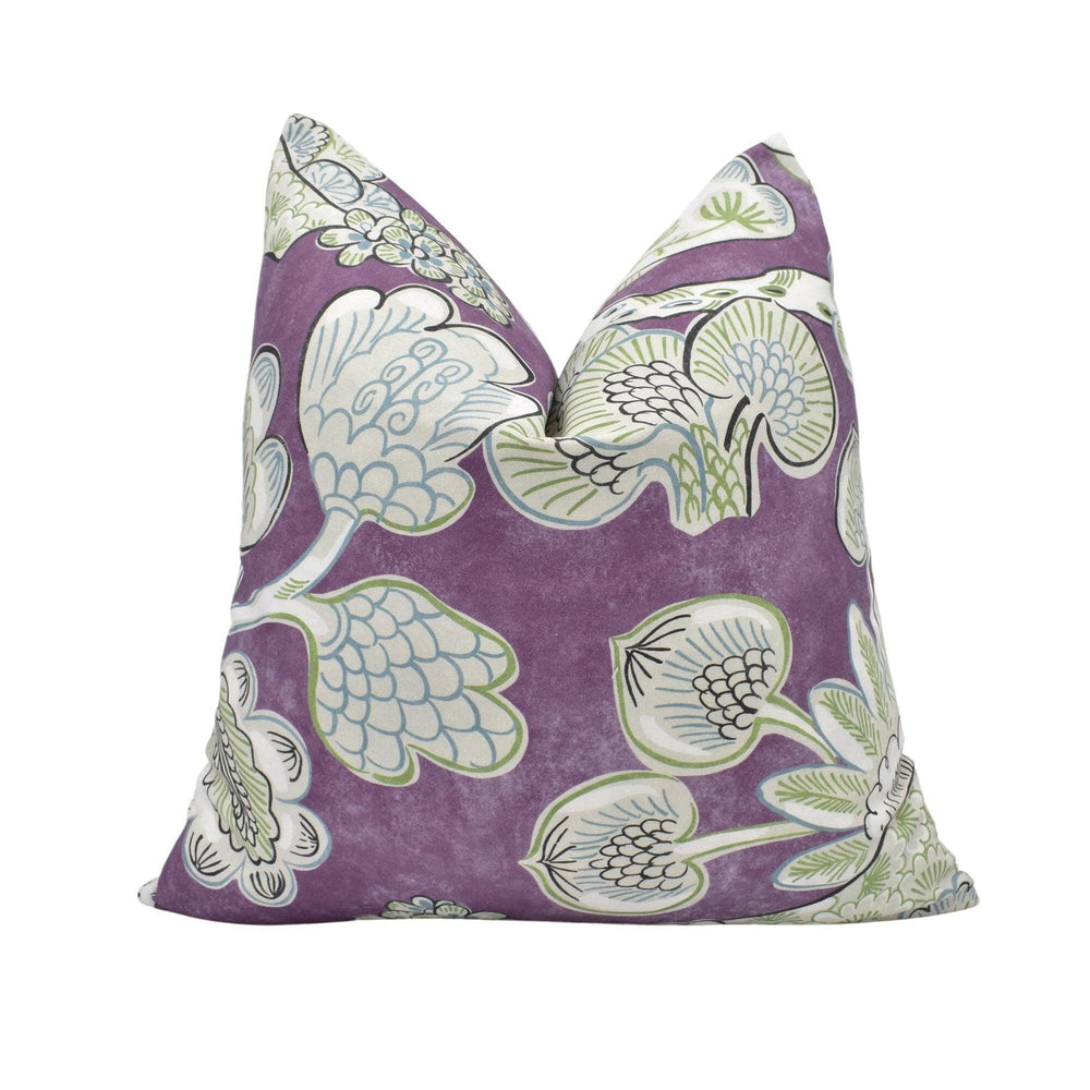 Anna French x Thibaut - Tree House - Eggplant - Whimsical 1920's Japanese Tree Designer Cushion Cover - Handmade Thibaut Pillow Cover.