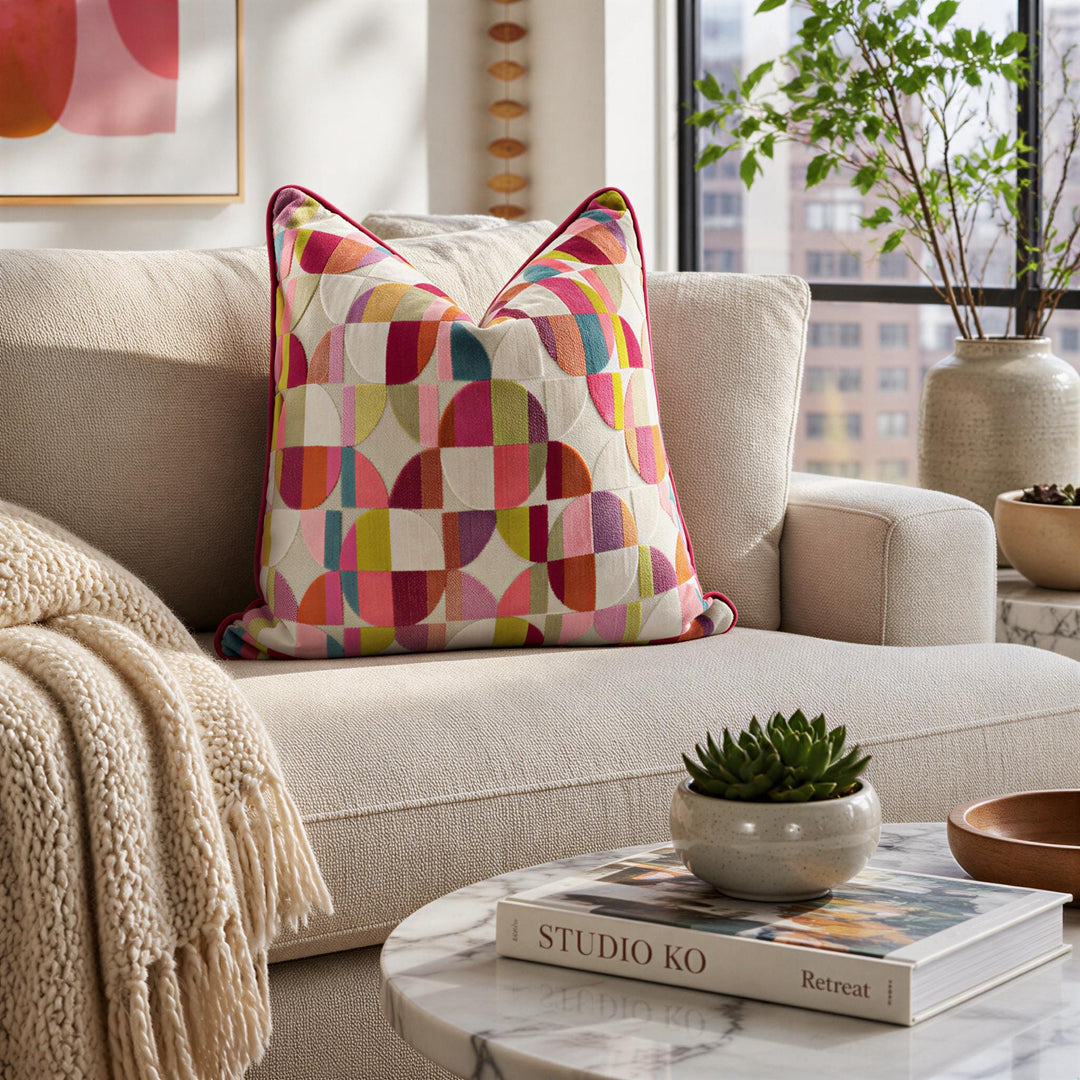 a cozy living room with a beige sofa, a colorful patterned pillow, a wooden coffee table, and a plant in a white pot.