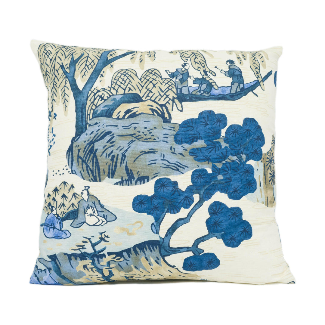 Thibaut - Asian Scenic - Blue and Beige - Chic Chinoiserie Inspired Cushion Cover - Handmade Throw Pillow - Designer Home Décor.