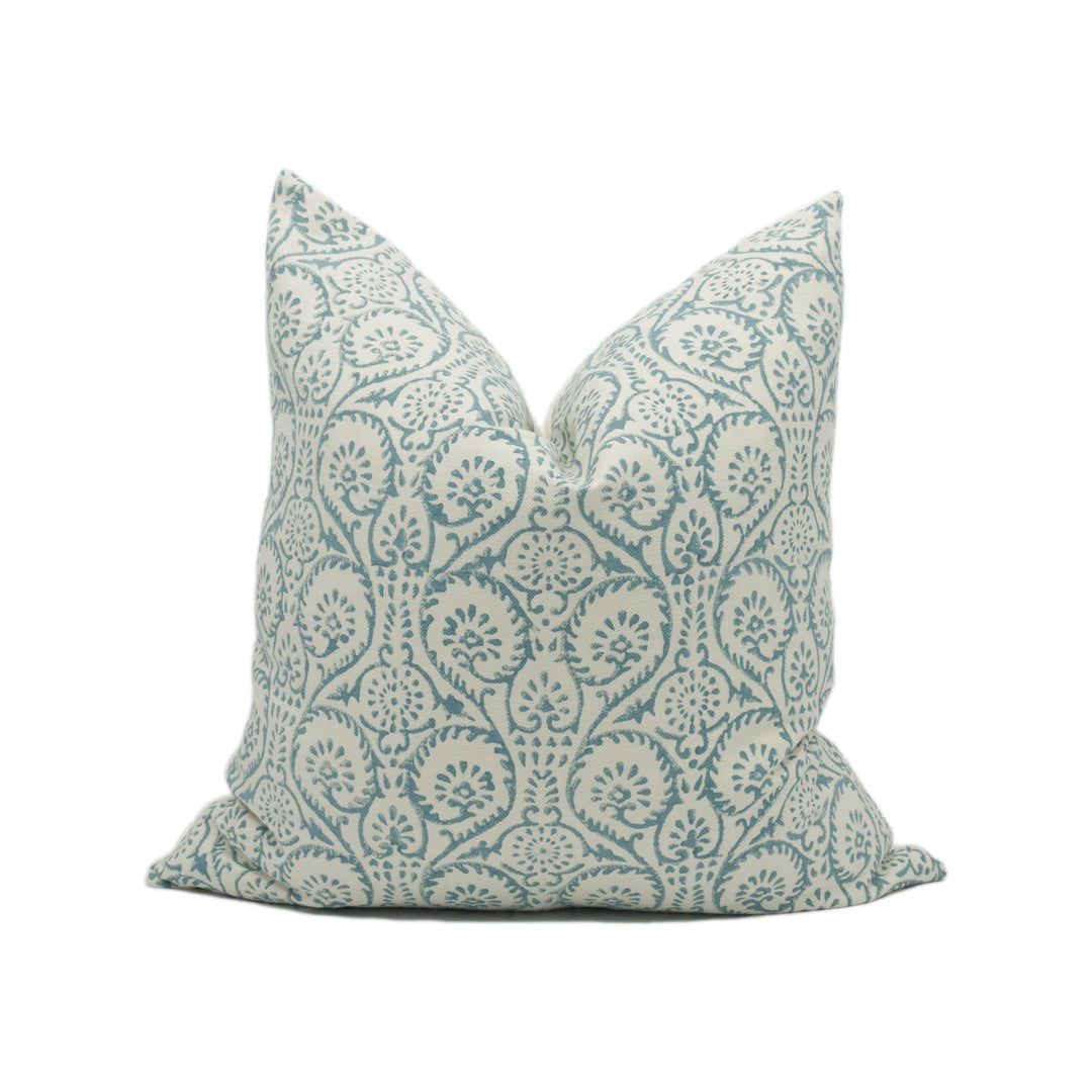 GP &amp; J Baker - Pollen Trail - Aqua - Artisanal Hand Block Printed Scrolling Fern Cushion Cover - Handmade Throw Pillow - Designer Home Décor