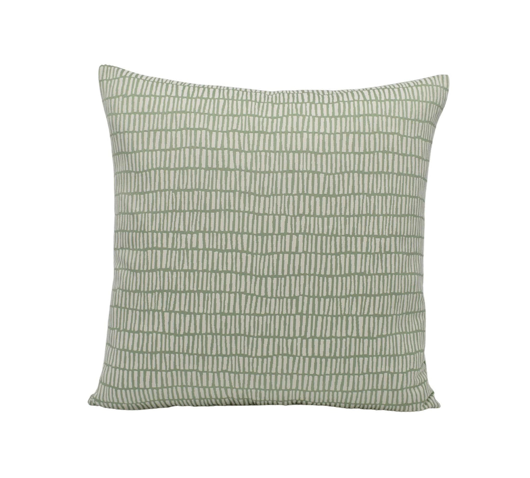 A square throw pillow with a repeating green and white striped pattern.