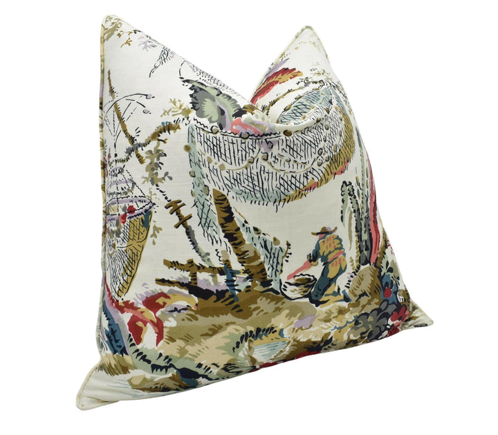 Thibaut - Moorea - Cream on Coral - 17th Century Block Print Cushion Cover - Asian Fishing Waterfall Throw Pillow - Exotic Forest Pillow.