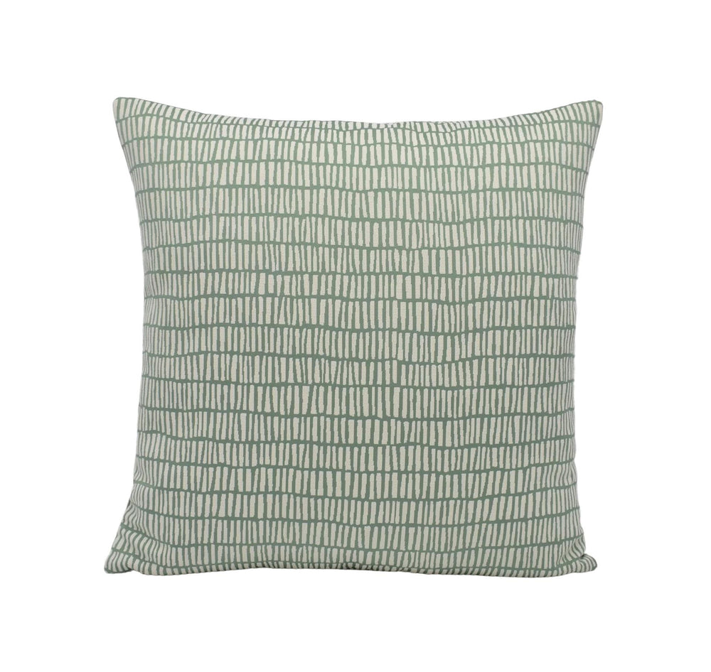 A square throw pillow with a repeating pattern of green and white vertical lines.