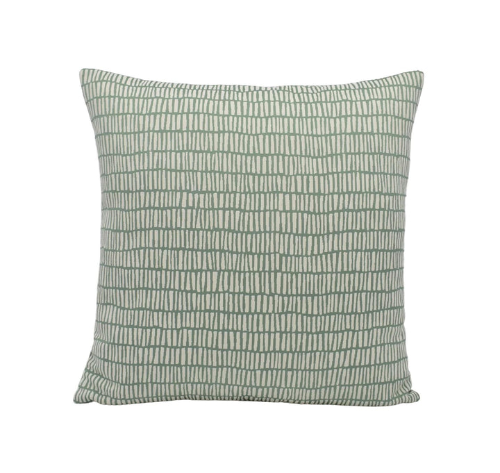 A square throw pillow with a repeating pattern of green and white vertical lines.