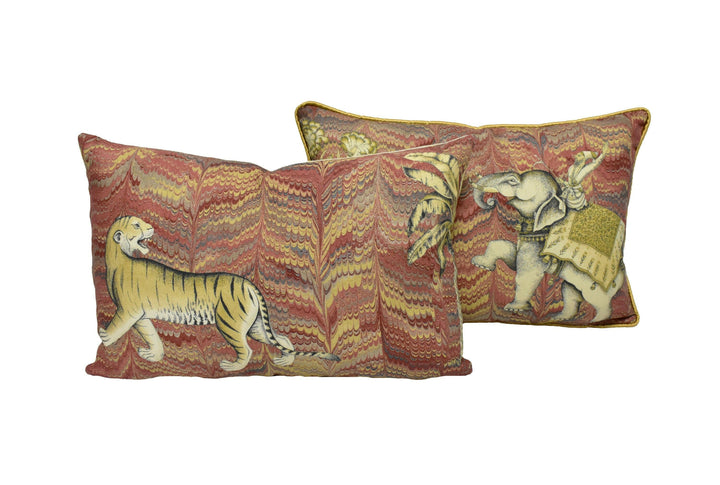 Zoffany - Jaipur - Red - Mogul Inspired Indian Tiger & Elephant Cushion Cover - Handmade Throw Pillow Designer Home Decor.