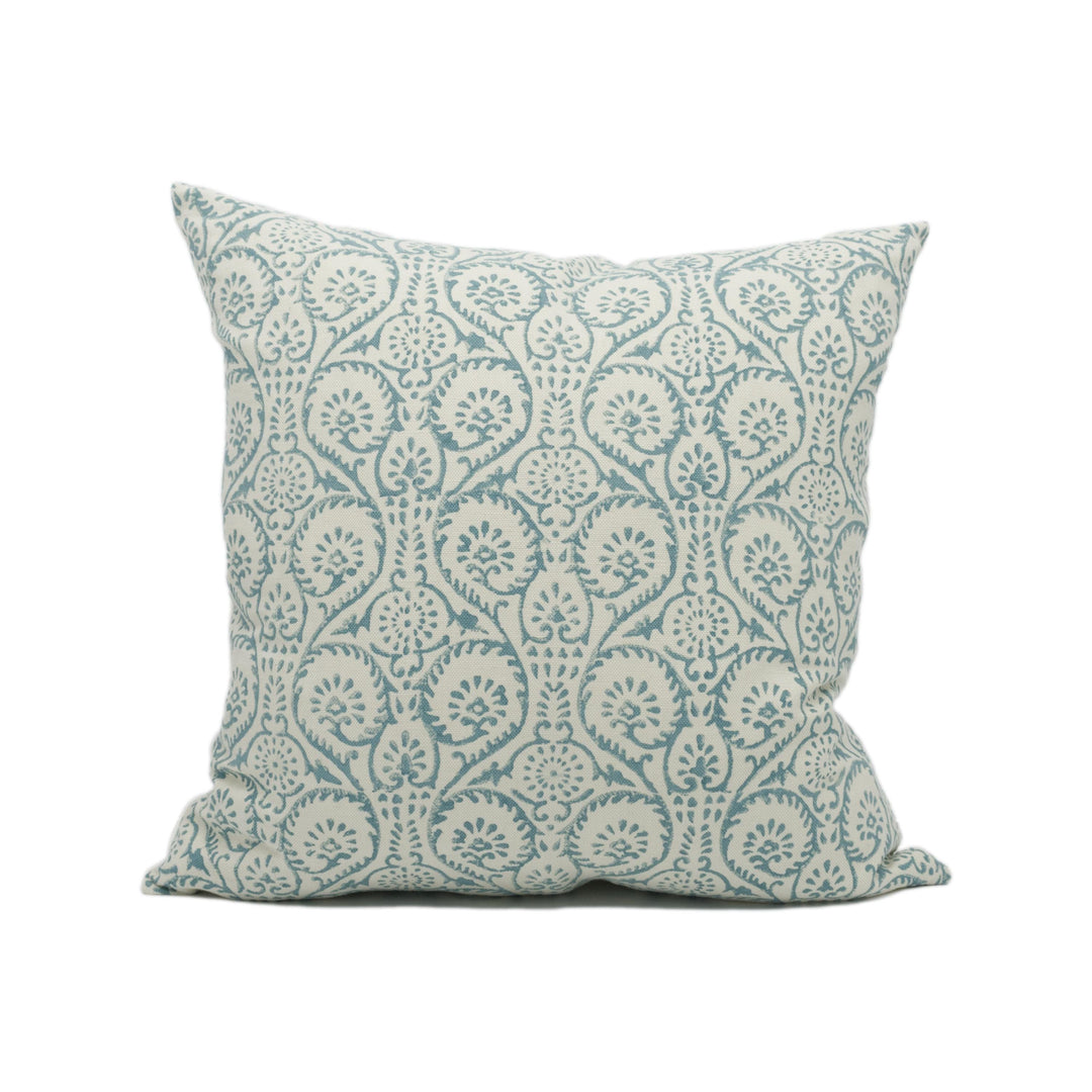 GP &amp; J Baker - Pollen Trail - Aqua - Artisanal Hand Block Printed Scrolling Fern Cushion Cover - Handmade Throw Pillow - Designer Home Décor