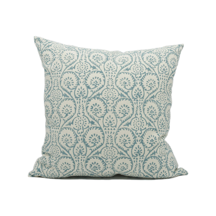 GP &amp; J Baker - Pollen Trail - Aqua - Artisanal Hand Block Printed Scrolling Fern Cushion Cover - Handmade Throw Pillow - Designer Home Décor