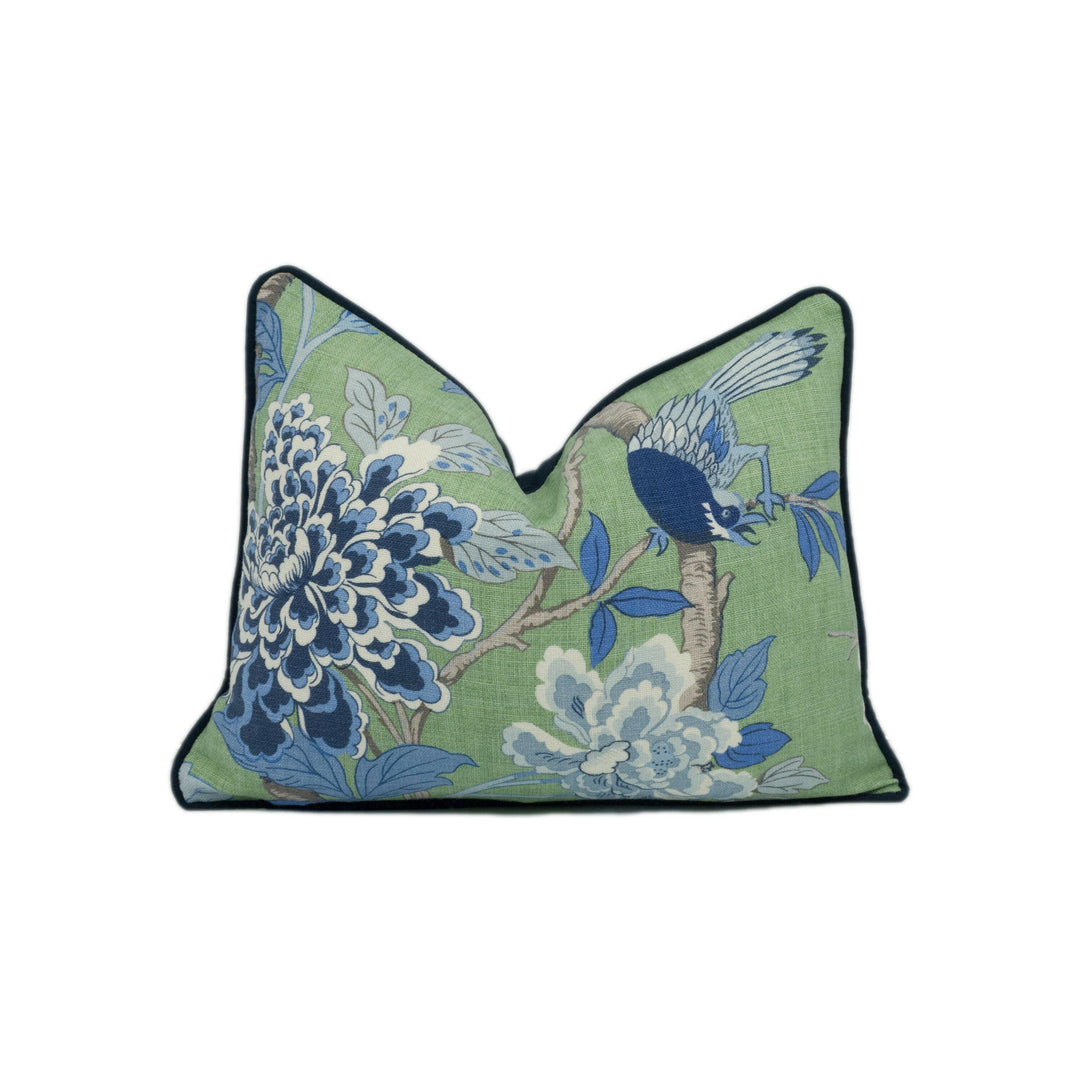 GP & J Baker - Hydrangea Bird - Emerald / Blue - Chinese Inspired Contrast Piped Cushion Cover - Handmade Throw Pillow - Designer Home Décor.