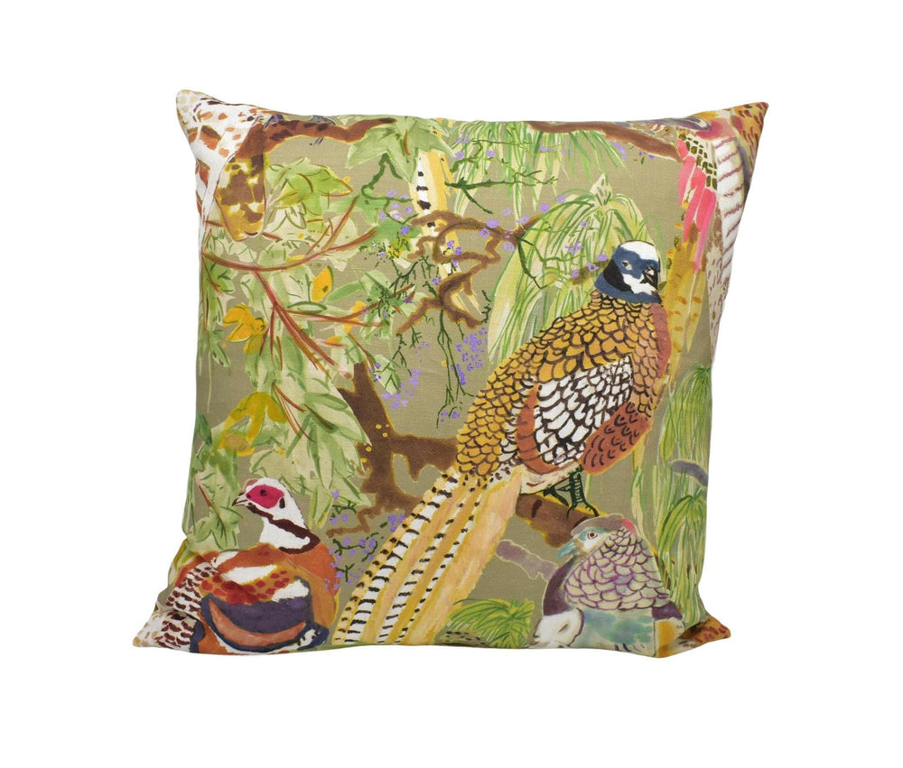 Mulberry - Game Birds Linen - Stone / Multi - Romantic Bohemian Cushion Cover - Luxury Designer Bird Throw Pillow - Neutral Pillow Cover.