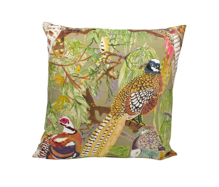 Mulberry - Game Birds Linen - Stone / Multi - Romantic Bohemian Cushion Cover - Luxury Designer Bird Throw Pillow - Neutral Pillow Cover.