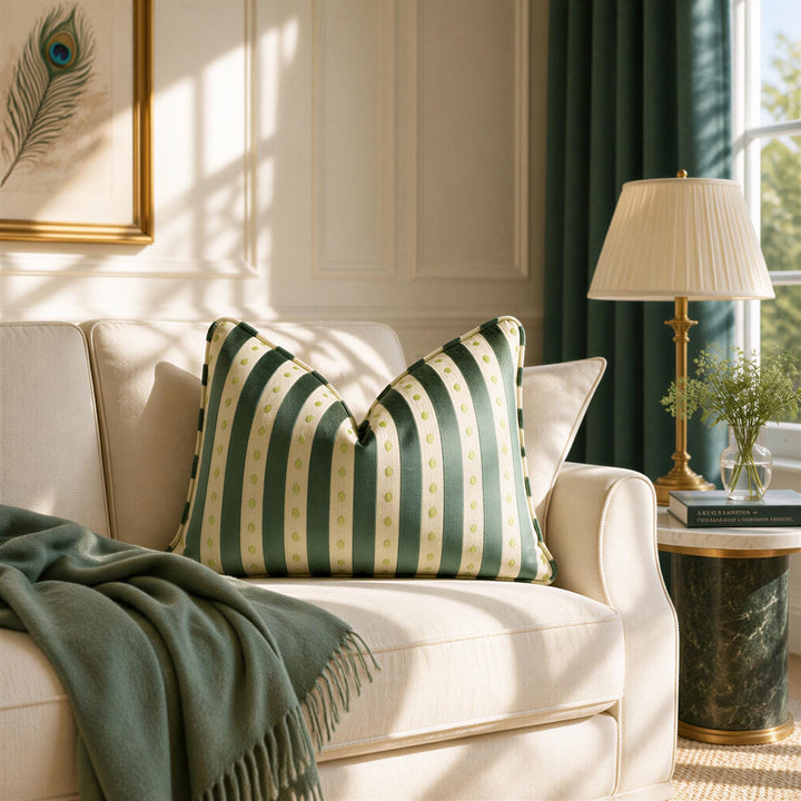 a cozy living room with a white sofa adorned with a green and white striped pillow, a green throw blanket, and a lamp on a side table. The room is illuminated by natural light coming through a window with green curtains, creating a warm and inviting atmosphere.