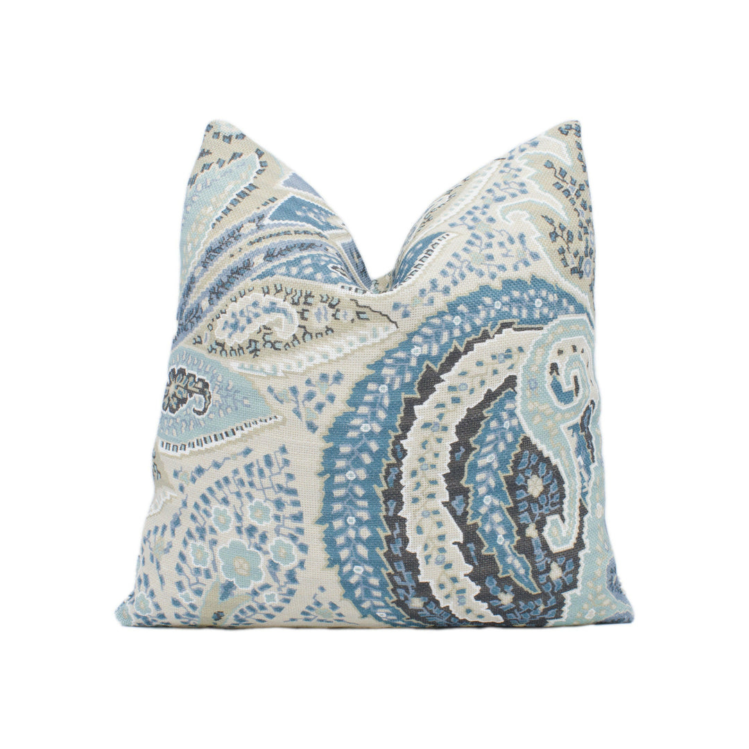 Schumacher - Cambay Paisley Print - Azure - Funky Modern Paisley Designer Cushion Cover - Handmade Throw Pillow Designer Home Decor.