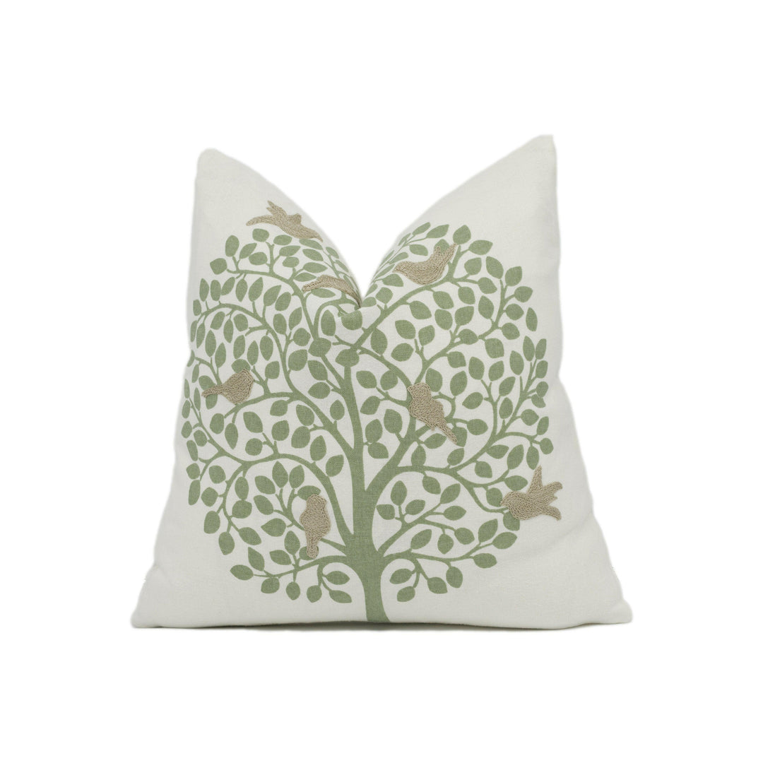 Sanderson - Bay Tree - Celadon - Stylized Tree and Embroidered Bird Cushion Cover - Handmade Throw Pillow - Designer Home Décor.