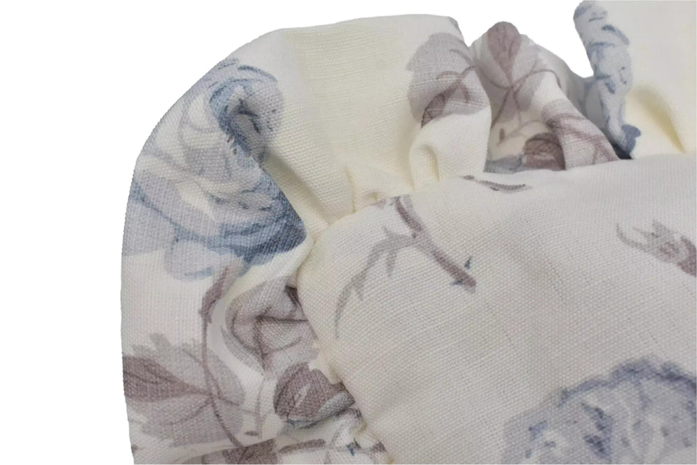 a close-up view of a fabric with a floral pattern, featuring a mix of blue and white colors.
