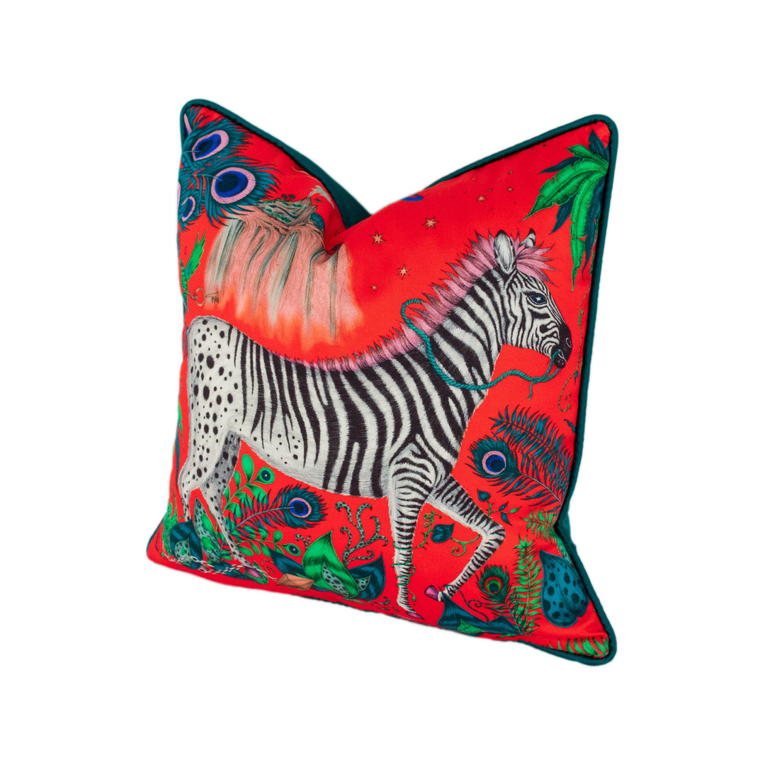 Funky Bold Red Maximalist Fantasy &amp; Mythical Animal Contrast Piped Designer Cushion Cover - Luxury Throw Pillow - Handmade Home Lost World.