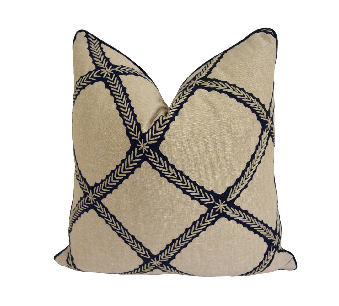 Thibaut - Majuli Embroidery - Navy on Flax - Luxurious Embroidered Nautical Designer Cushion Cover - Luxury Throw Pillow Handmade Home Decor.