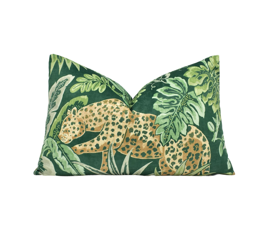 Prestigious - Leopard - Rainforest - Playful Big Cat Tropical Designer Velvet Cushion Cover - Green Botanical Leafy Custom Soft Pillow.