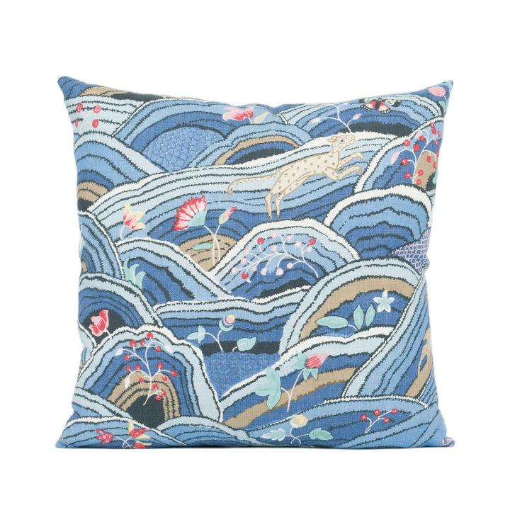 Schumacher - Rolling Hills - Blues - Whimsical Animal Landscape Designer Cushion Cover - Handmade Throw Pillow - Luxury Home Decor.