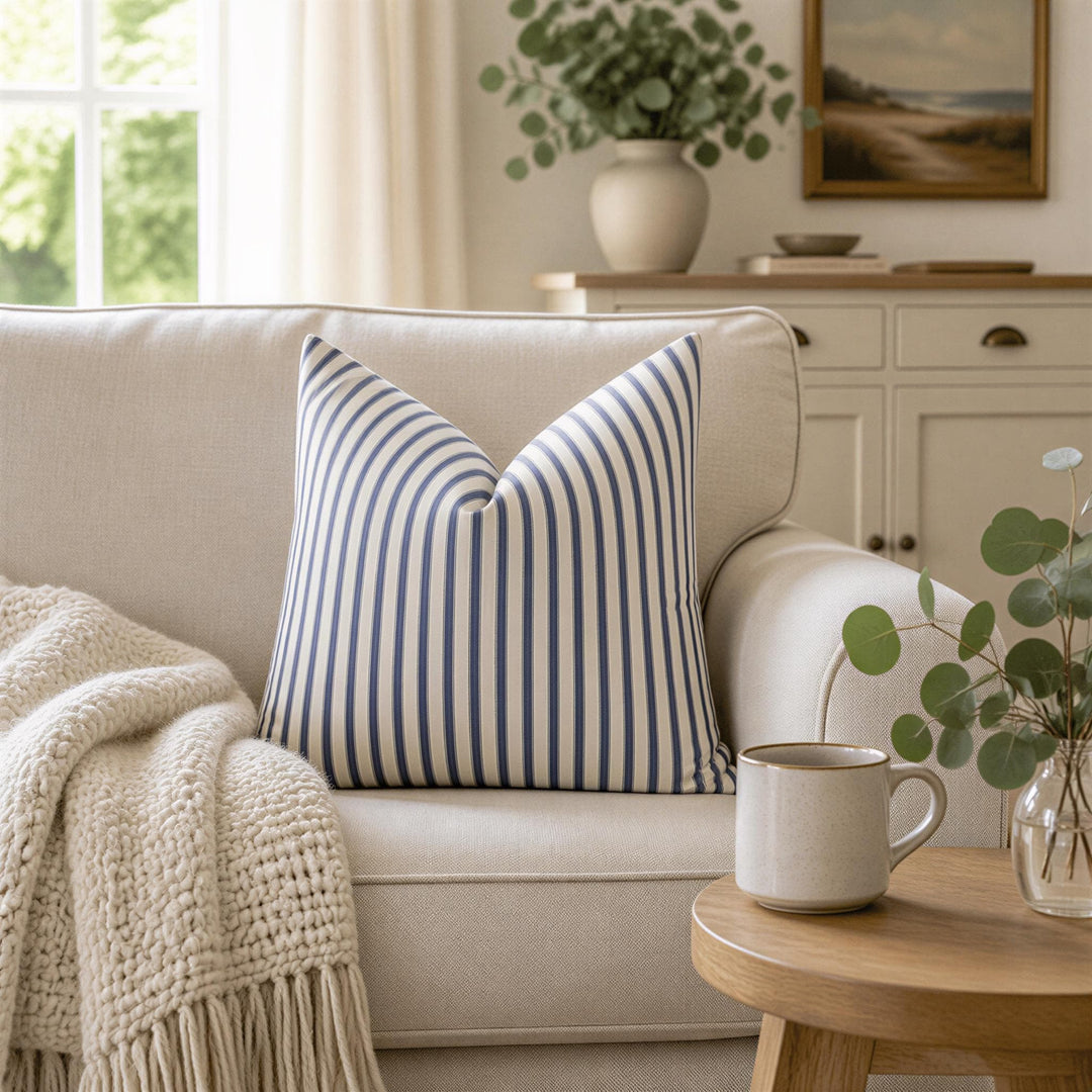 a cozy living room with a beige sofa adorned with a blue and white striped pillow, a white mug, and a vase of greenery on a wooden side table.