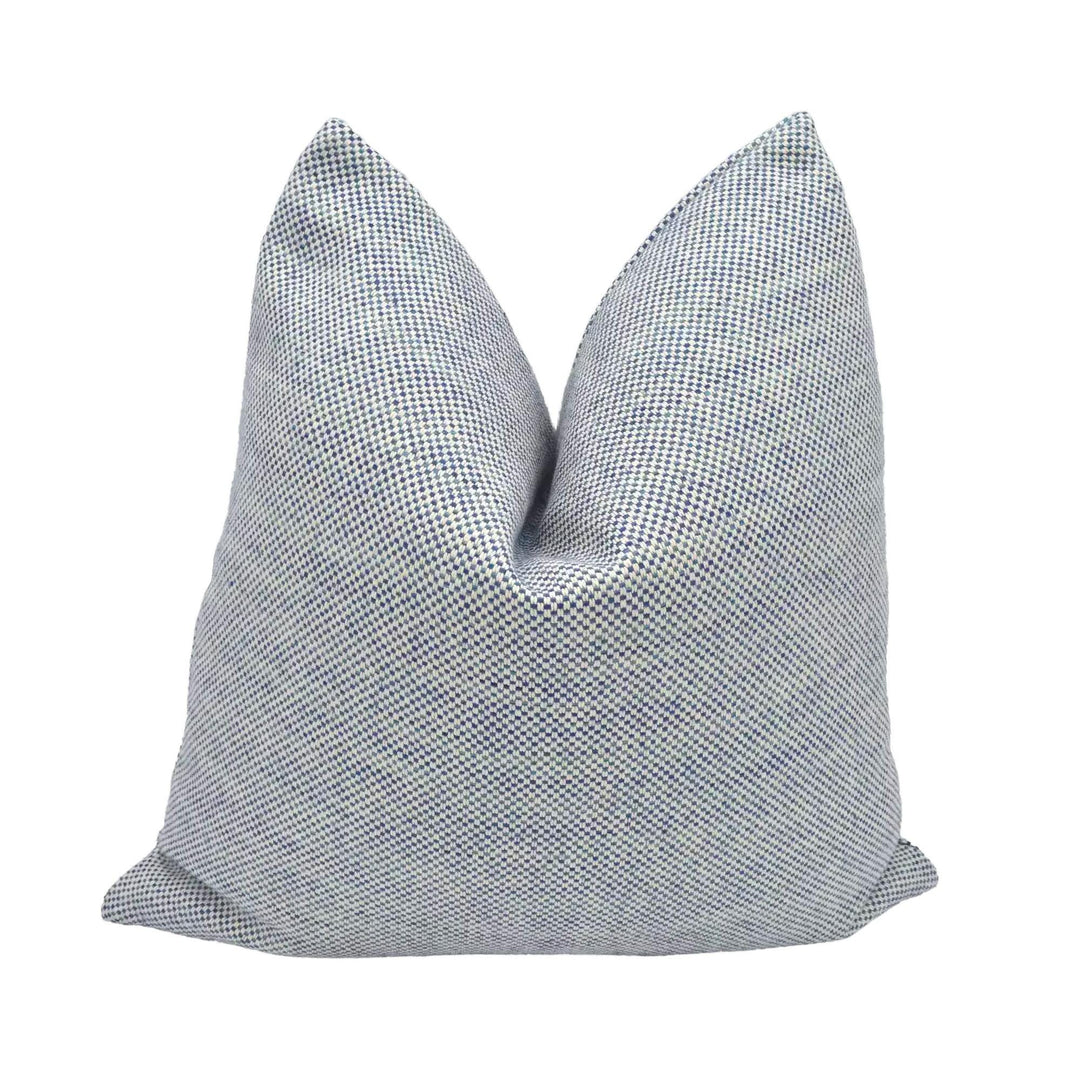 A gray and white checkered throw pillow is placed in the center of a white background.
