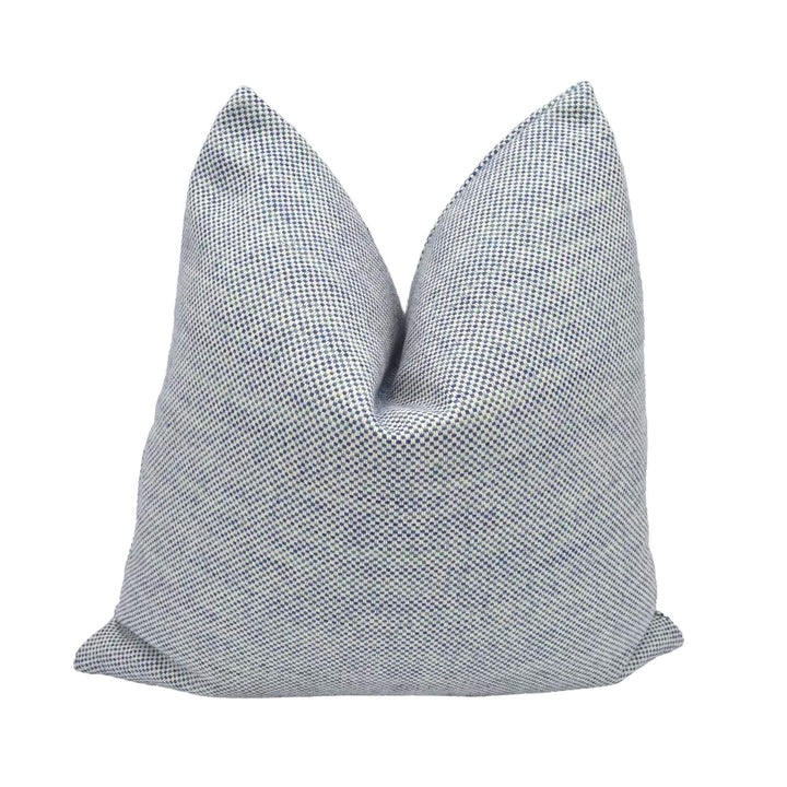 A gray and white checkered throw pillow is placed in the center of a white background.