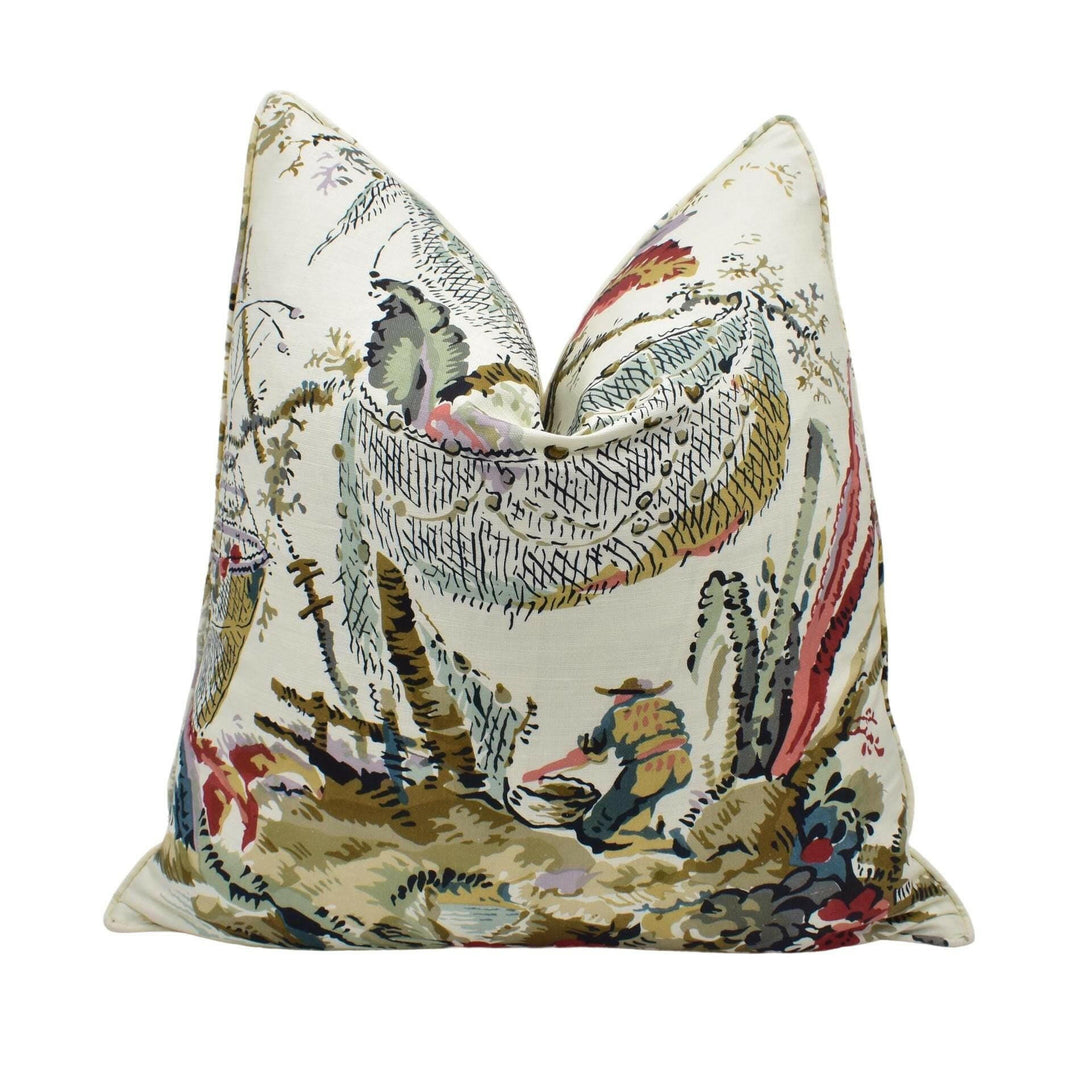 Thibaut - Moorea - Cream on Coral - 17th Century Block Print Cushion Cover - Asian Fishing Waterfall Throw Pillow - Exotic Forest Pillow.