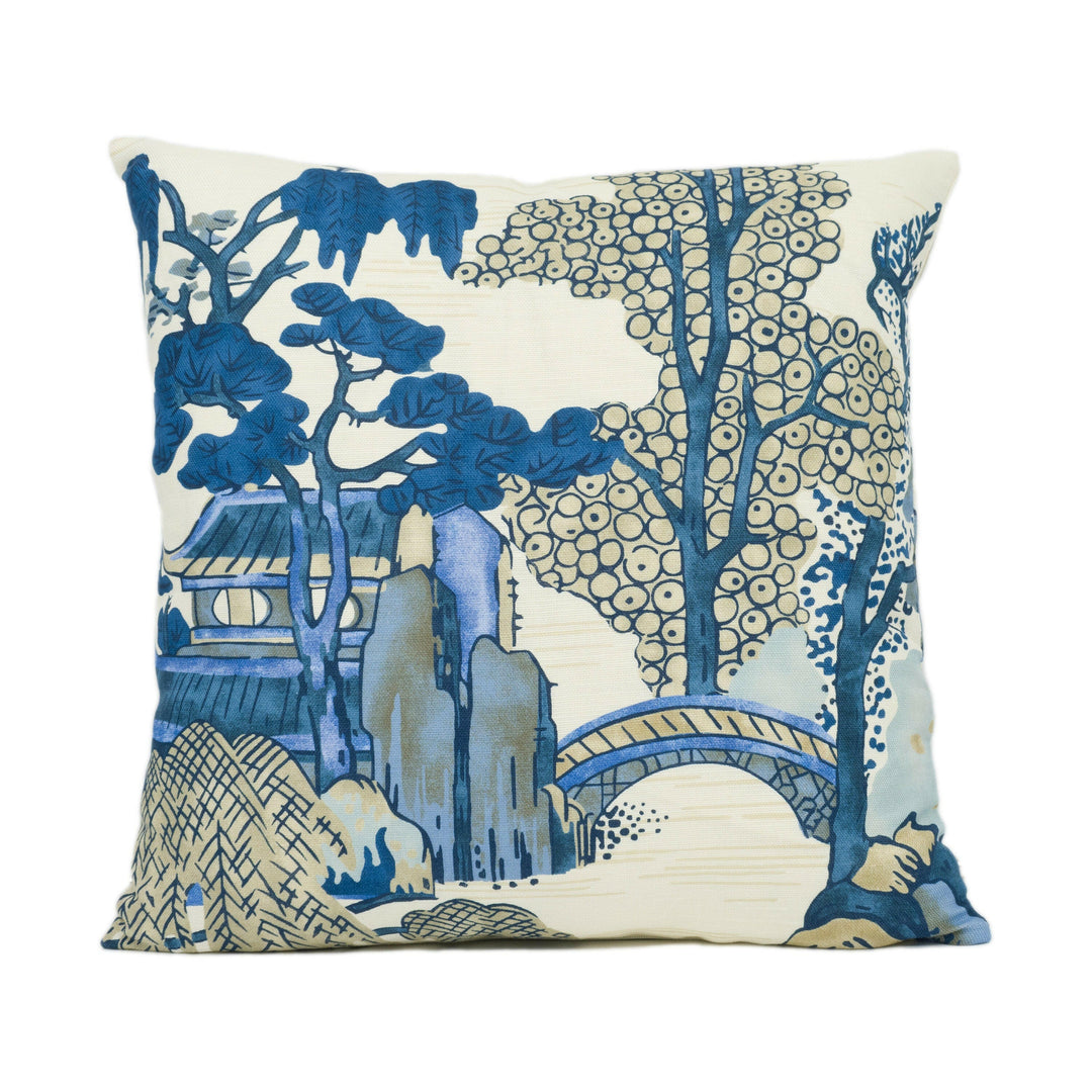 Thibaut - Asian Scenic - Blue and Beige - Chic Chinoiserie Inspired Cushion Cover - Handmade Throw Pillow - Designer Home Décor.