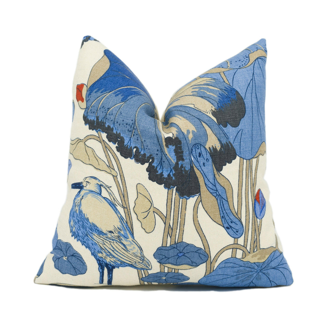 GP & J Baker - Nympheus - Indigo / Marine / Linen - Birds and Lillypad Cushion Cover - Handmade Throw Pillow - Designer Home Décor.