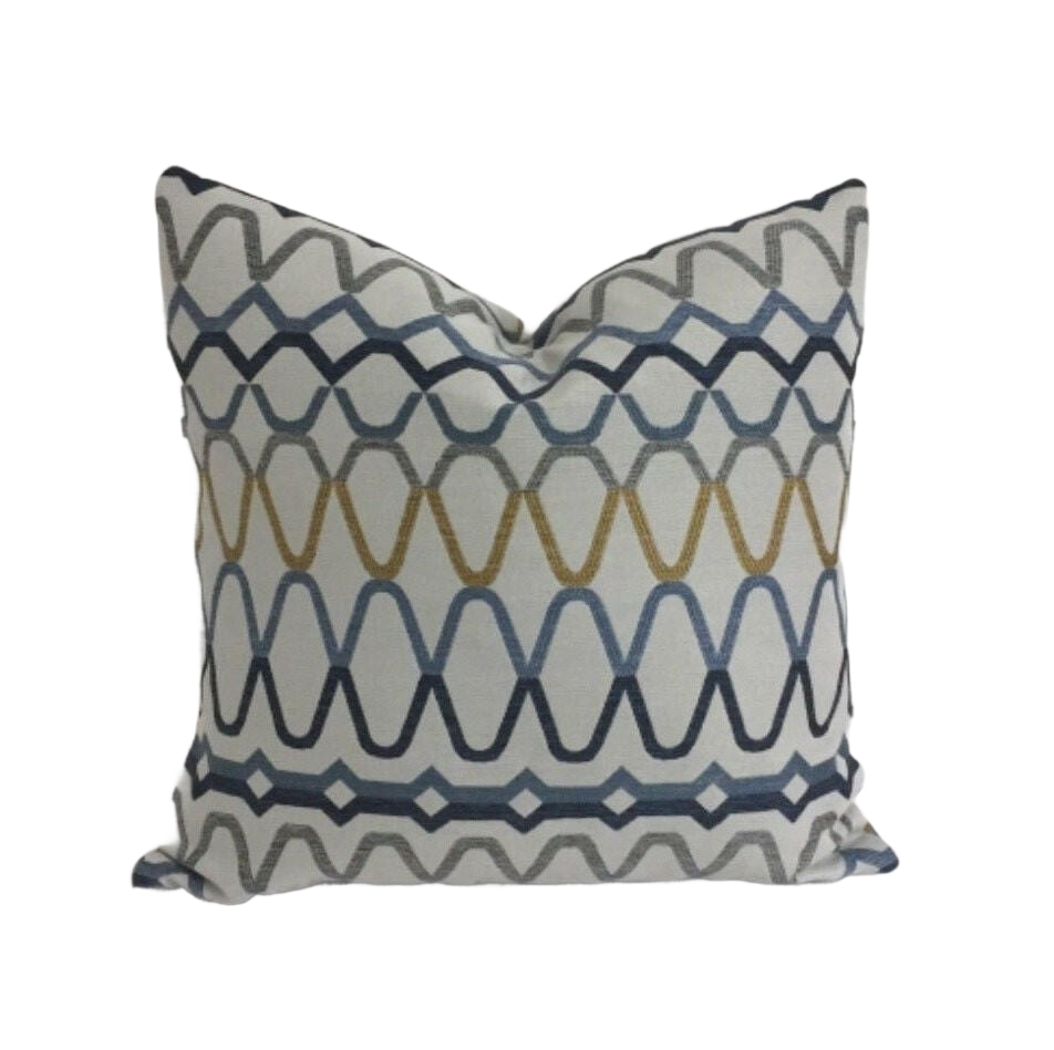Scion - Ada - Shale / Denim / Ochre - Striking Embroidered Cushion Cover Handmade Throw Pillow Designer Home Decor.