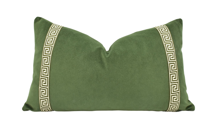 Harlequin - Performance Velvet - Forest - High Quality Luxury Resistant Velvet Cushion Cover - Olive Green Greek Key Tape Trim Custom Pillow.