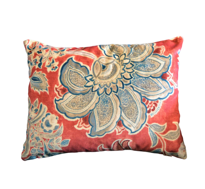 Sanderson - Shalimar - Ruby / Teal - Designer Cushion Cover Throw Pillow - Batik Vintage Floral Print - Luxury Super Soft Velvet.