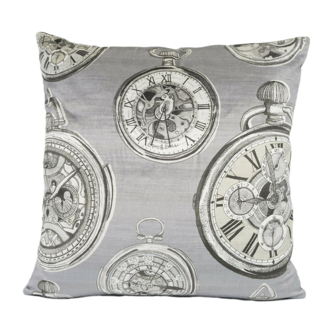 Voyage - Pocket Watch Velvet - Charcoal - Whimsical Illustrated Watch Cushion Cover - Handmade Throw Pillow Designer Home Decor.