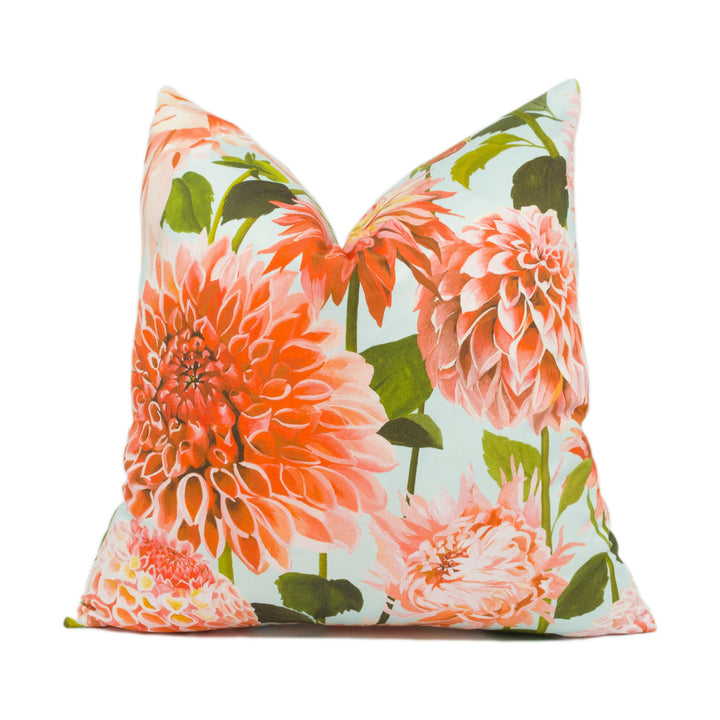 Harlequin - Dahlia - Coral / Fig Leaf / Sky - Stunning Hand Painted Cushion Cover - Handmade Throw Pillow - Designer Home Décor.