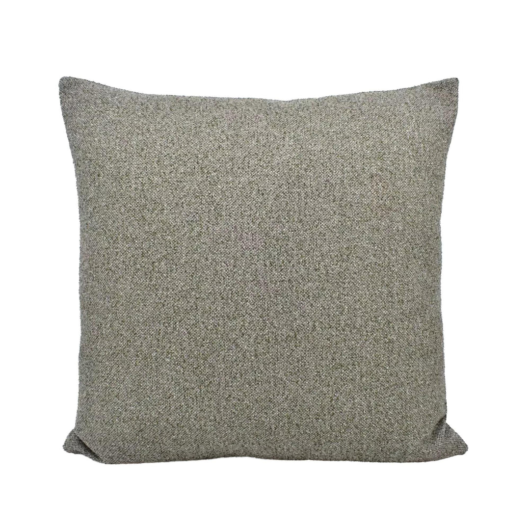 A plain, square throw pillow with a textured, grey fabric.