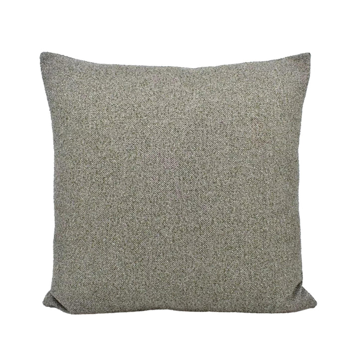 A plain, square throw pillow with a textured, grey fabric.