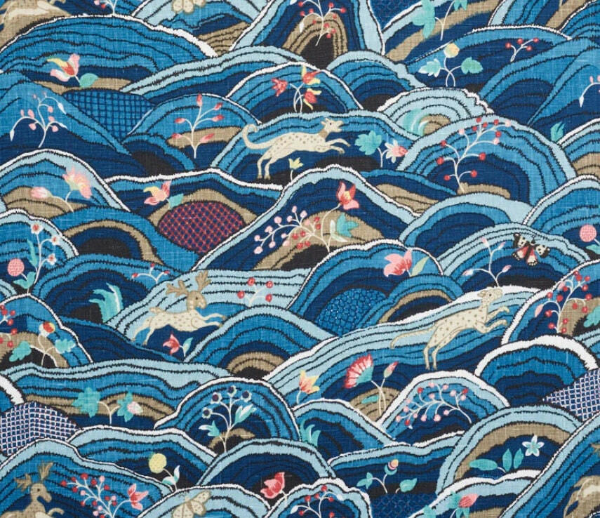 Schumacher - Rolling Hills - Blues - Whimsical Animal Landscape Designer Cushion Cover - Handmade Throw Pillow - Luxury Home Decor.