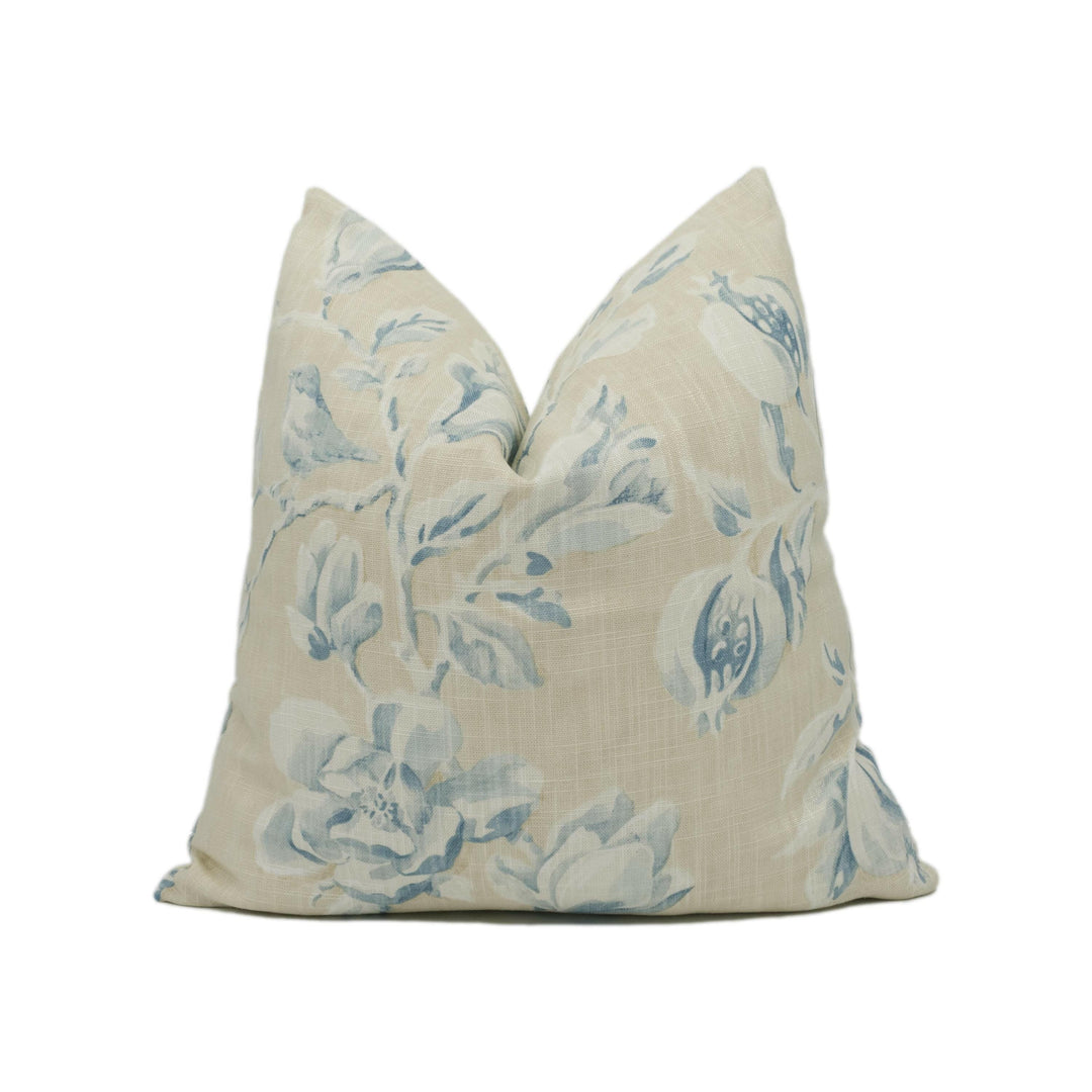 Sanderson - Magnolia & Pomegranate - Parchment / Sky Blue - Large Scale Floral Cushion Cover - Handmade Throw Pillow - Designer Home Décor.