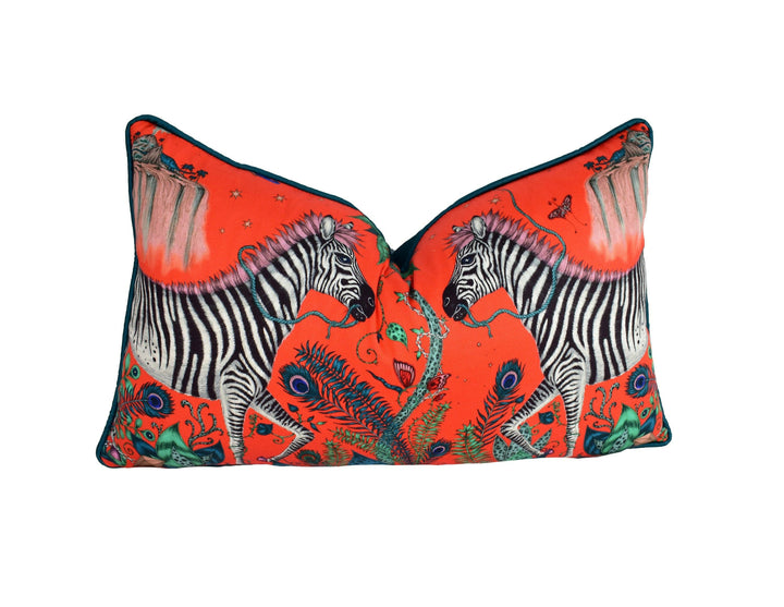 Funky Bold Red Maximalist Fantasy &amp; Mythical Animal Contrast Piped Designer Cushion Cover - Luxury Throw Pillow - Handmade Home Lost World.