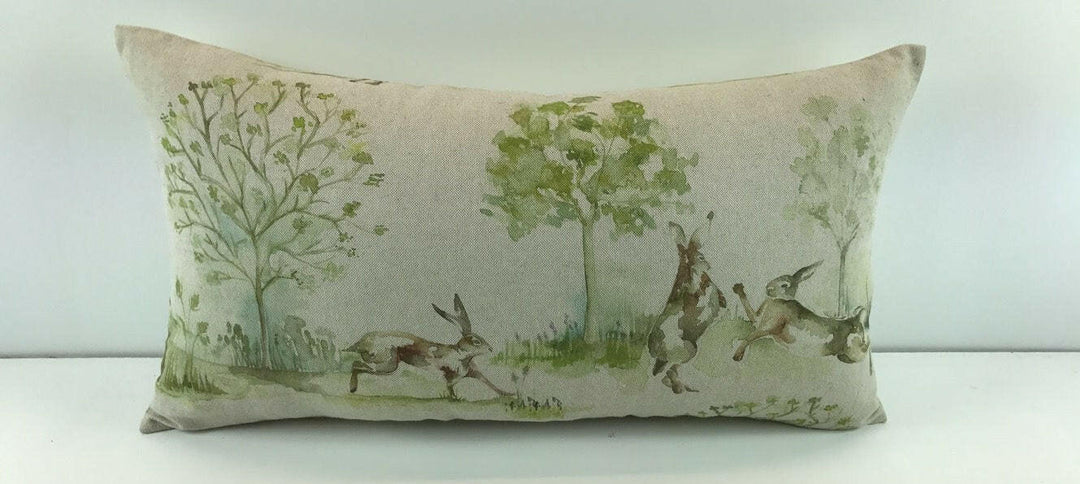Voyage - Boxing Hares -  Linen - Cute Rabbit Cushion Cover Throw Pillow Designer Home Decor.
