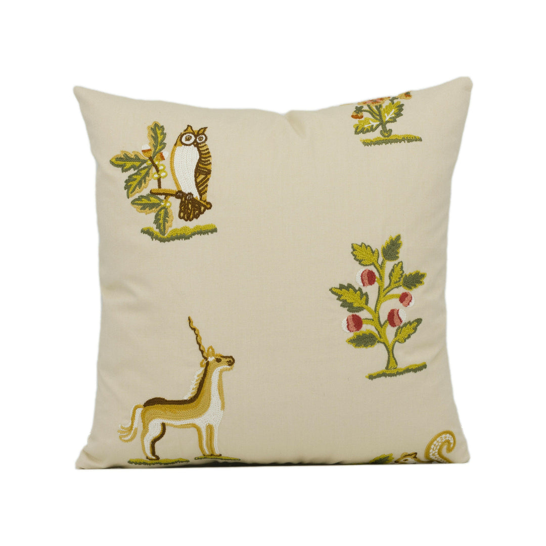Sanderson - Clemence - Russet / Sand - Embroidered Forest Animals & Wild Flowers Cushion Cover - Handmade Throw Pillow - Designer Home Décor.