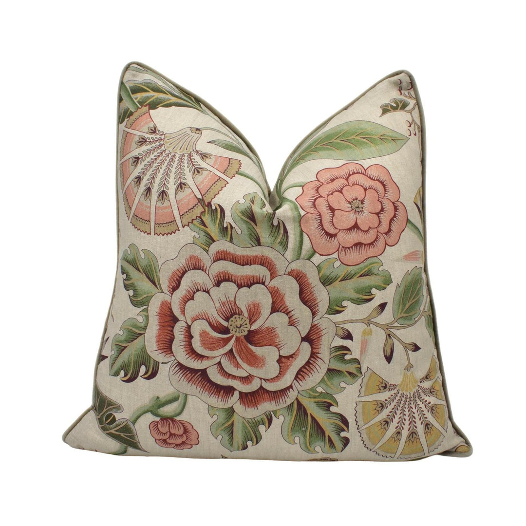 Anna French x Thibaut - Cleo - Red / Gold on Flax - 1920's Exotic Stylized Blooming Floral Designer Cushion Cover - Luxury Throw Pillow.