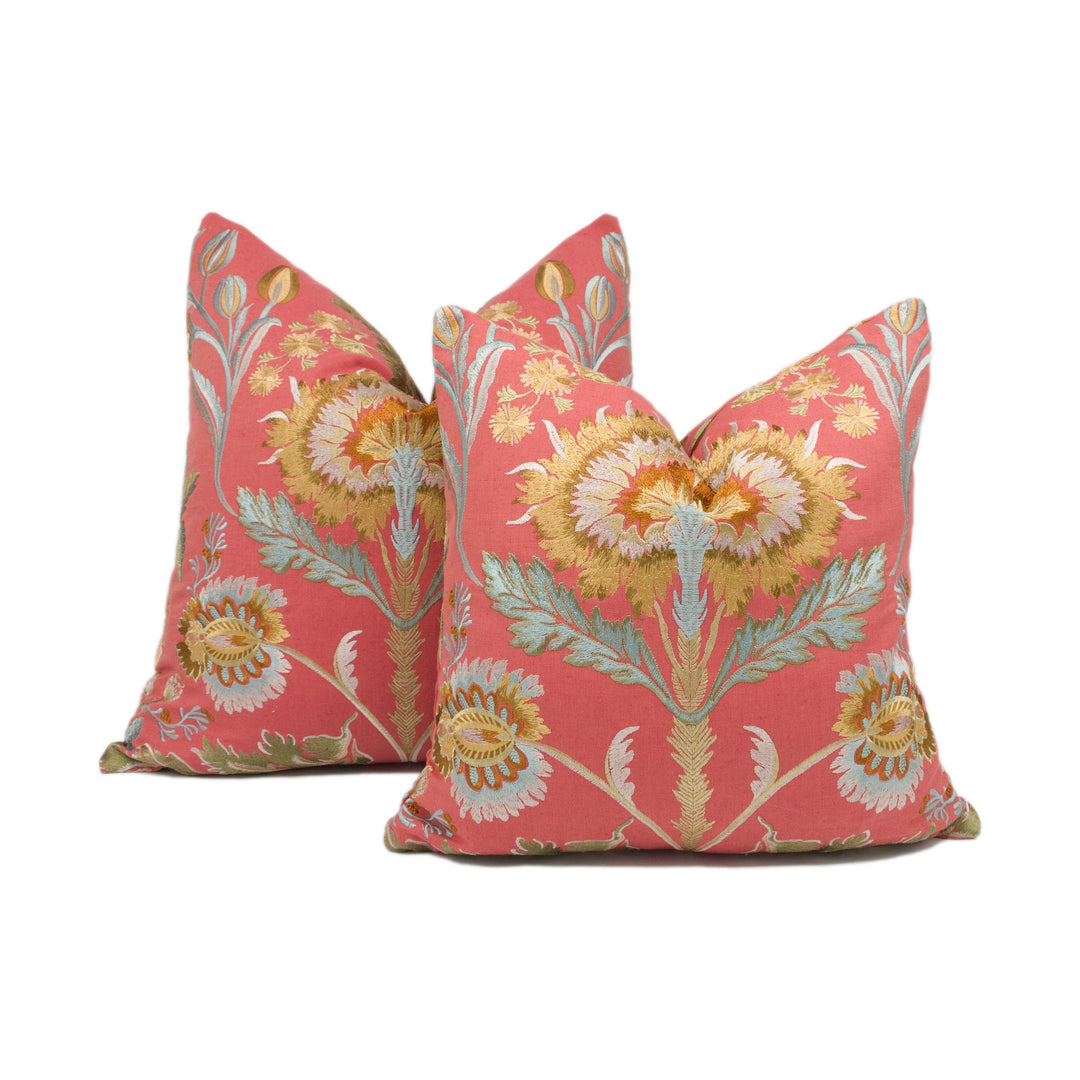 Colefax &amp; Fowler – Dianthus – Red – Cushion Cover – Grand Floral Embroidery