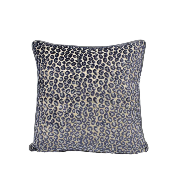 A square throw pillow with a leopard print pattern in shades of blue and beige.
