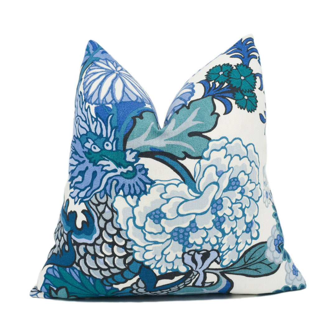 Schumacher - Chiang Mai Dragon - China Blue - Art Deco Chinoiserie Designer Cushion Cover - Handmade Throw Pillow Luxury Home Décor.