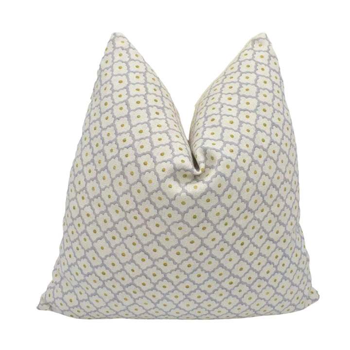 A white pillow with a gray and white floral pattern is displayed against a white background.