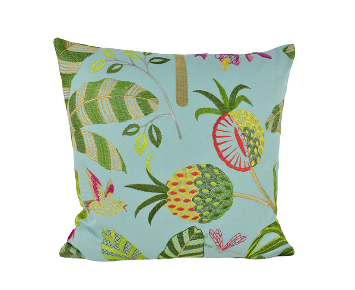 Jane Churchill - Maracatu - Aqua - Tropical Embroidered Exotic Landscape Cushion Cover - Handmade Throw Pillow Designer Home Decor.